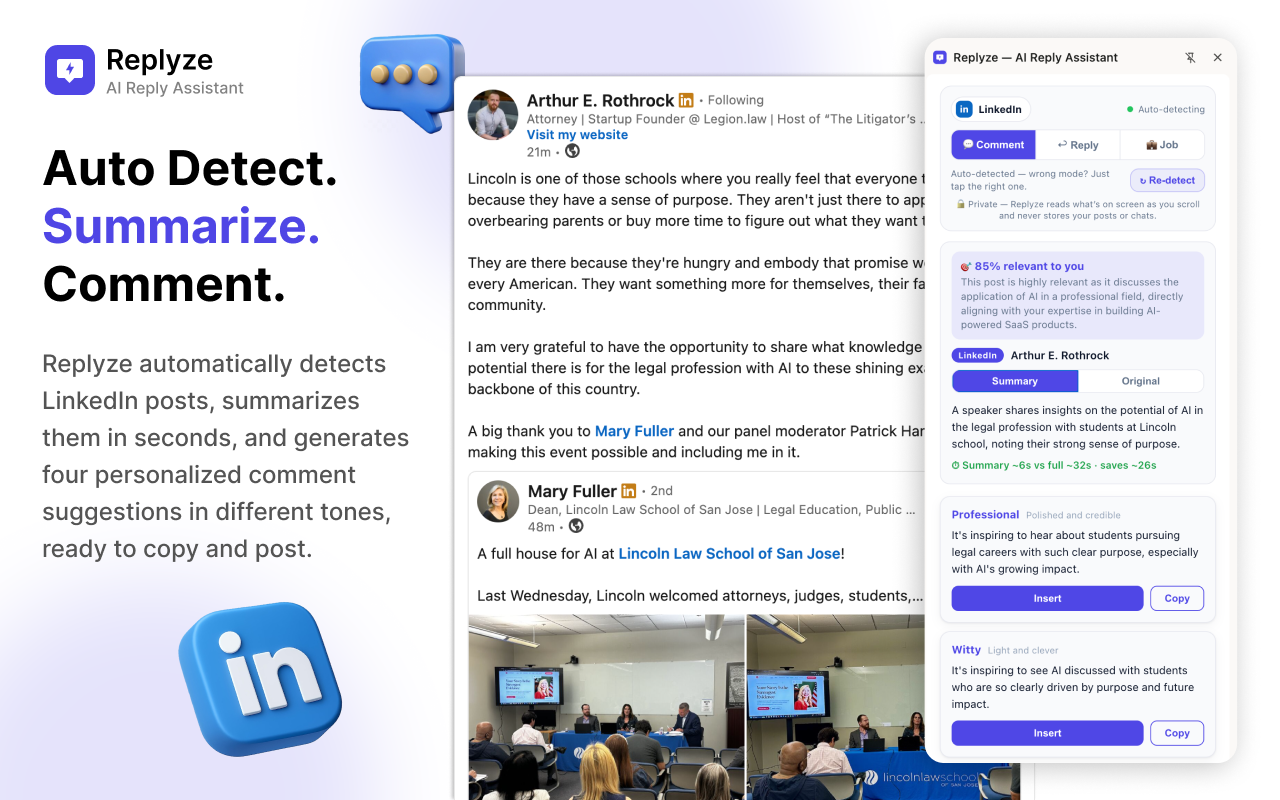 Replyze side panel detecting a LinkedIn post, scoring relevance, and drafting replies in your voice