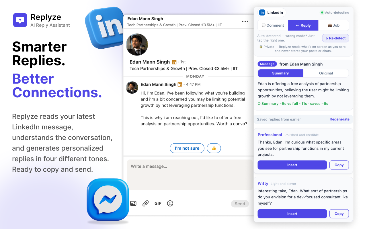 Replyze drafting a reply to a LinkedIn message in your voice