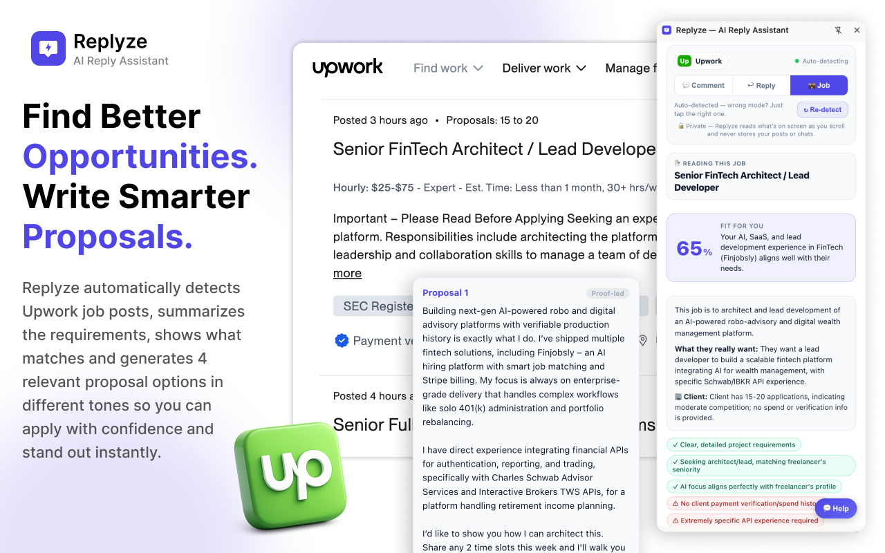Replyze reading an Upwork job, scoring your fit, and writing a proposal
