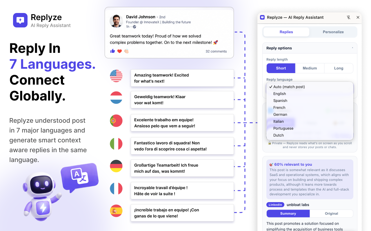 Replyze writing replies in the post's own language across 7 languages